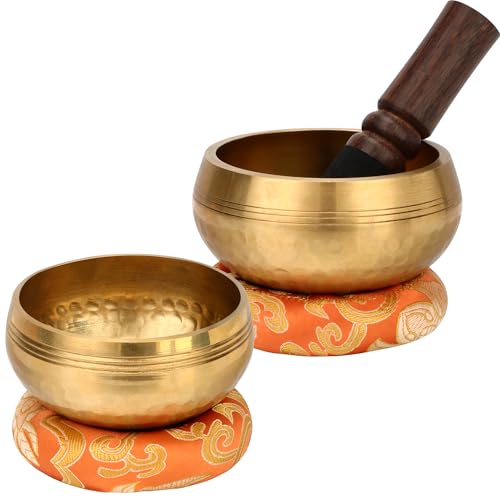 DiDiBirDi 3.7 inches & 3.15 inches 2Pcs Tibetan Singing Bowl Set with Cushion and Leather Hammer Authentic Handcrafted for Yoga, Meditation, Mindfulness Practice