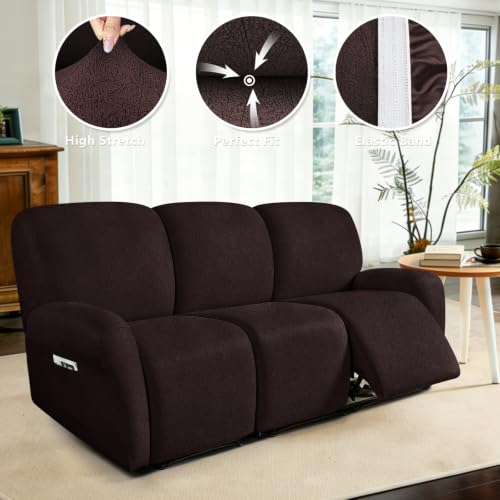 Image of ANARACHON Leather Look Recliner Couch Cover 8-Piece Recliner Sofa Slipcovers 3 Seater for Reclining Couches Furniture Protector Spandex Fabric Washable (Recliner Sofa,256Chocolate)