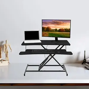 Intellidesk Height Adjustable Sit Stand Desk Convertor |32? Wide Desk Tabletop| Premium Hydraulic Gas Spring| Keyboard Tray| Heavy Duty Workstation for Dual Monitor