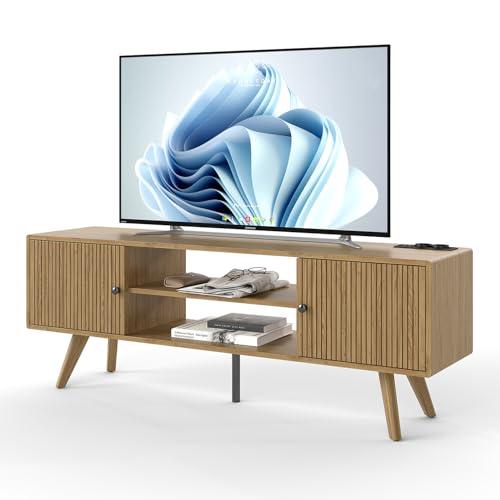 Manora Mueble de TV con Enchufe, Mesa de TV para hasta 65 Pulgadas, Mueble TV Salon con 2 Puertas y Estantes Abiertos, Mueble Television para Salon Dormitorio, 140 x 35 x 50cm, Roble