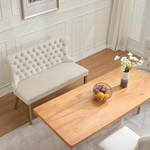 Image of 45.6''Velvet Dining Bench, Button Tufted Upholstered Dining Table Bench with Wing Highback, Nailhead Decoration, Small Loveseat Sofa with Gold-Plated Steel Legs, Mid Century Modern Seating, Beige