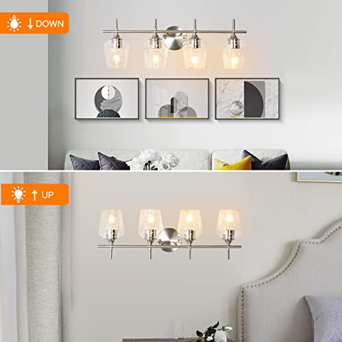 Image of foucasal Bathroom Light Fixtures 4-Light Brushed Nickel Bathroom Vanity Light with Clear Glass Shade, Modern Wall Lights for Bedroom Hallway Living Room (Nickel, 4-Light)