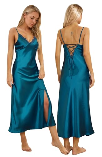 Image of ALCEA ROSEA Women Silk Satin Nightgown Sexy Lace Chemise Lingerie Long Sleepdress for Ladies Sleepwear Slip Negligee