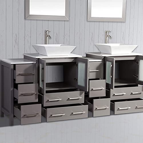 Vanity Art 72 Inch Double Sink Bathroom Vanity Compact Set 4 Cabinets 2 Shelves 10 Dove-Tailed Drawers Quartz Top And Ceramic Vessel Sink Bathroom Cabinet With Free Mirror Va3124-72-G #TOP4