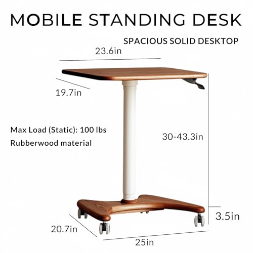 Image of 23.6in Mobile Standing Desk, 30-43.3in Rolling Desk Adjustable Height, One-Piece Solid Desktop, Wheels, Ideal for Home Offices, Apartments, Bed & Sofa, Walnut Color