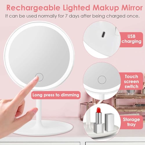 Homirty Espejo Maquillaje con Luz Plegable, Espejo Maquillaje Aumento X5, Ajustable, 3 Colores de Luz, Táctil, Recargable por USB, 90 Giratorio (Blanco) - imagen 5