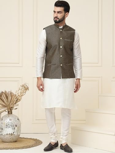 Image of SOJANYA (Since 1958 Men's Silk Blend Kurta Pyjama & Self Design Nehru Jacket Combo