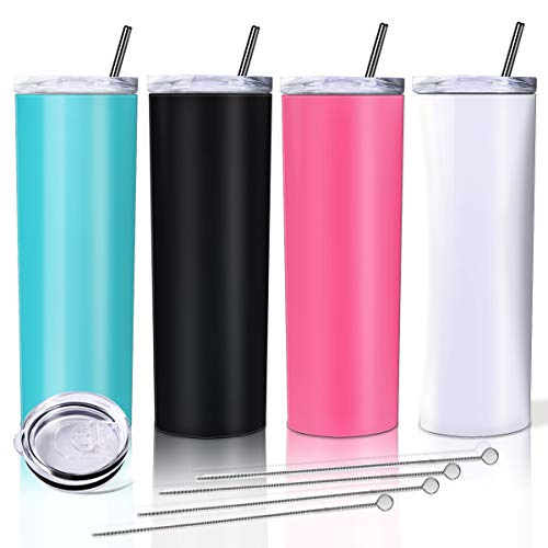 Zonegrace 4 Pack Mix Color Skinny Tumbler with straws,Double wall stainless Steel slim Insulated Water Tumbler With Lid , Bulk 20 oz tumbler cups with silicone bottom,Great Gift for Men and Women