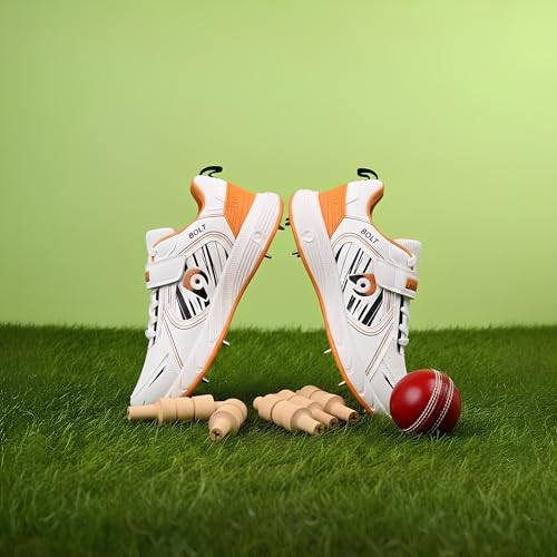 Image of DNINE Bolt Men Bowling Spikes Cricket Shoe White Orange & White Blue