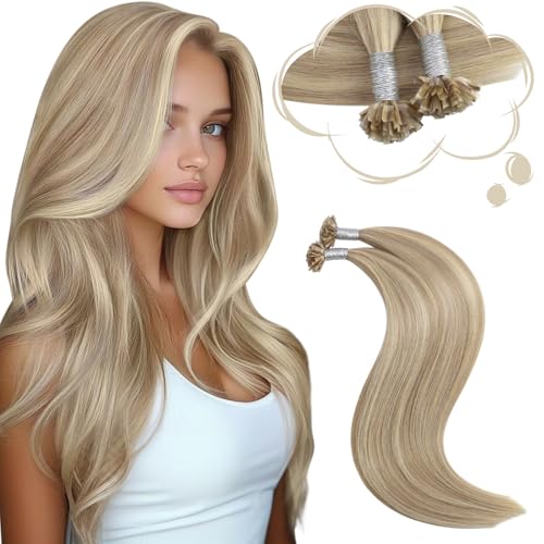 Moresoo Extension Cheveux Naturel Keratine Blond Doré et Blond Moyen Extension Keratine Cheveux Naturel Humain Remy 35 cm 40g 50 Mèche #16/22