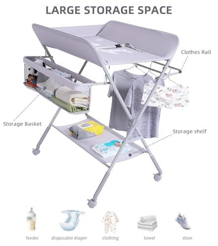 طاولة تغيير حفاضات الأطفال قابلة للطي بعجلات و5 مستويات ارتفاع قابلة للتعديل مع رف تخزين، طاولات تدليك لحديثي الولادة ومنظم حفاضات من جوجويا (رمادي)