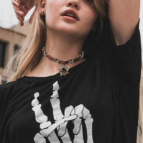 Tiger Eye Necklace, Sun Pendant Necklace with Adjustable Brown Leather Choker Necklace for Women, Goth Necklace, Grunge Hippie Jewelry Gift2
