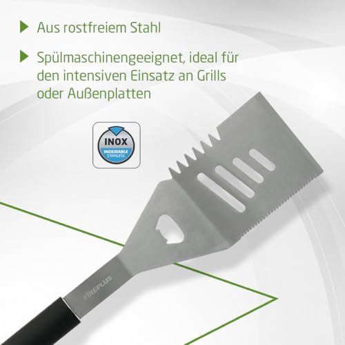 Amig - Grillspachtel Fireplus 4-in-1-44,5 cm - Edelstahl - Silikongriff - Schneiden, Wenden und Drehen - Integrierter Flaschenöffner
