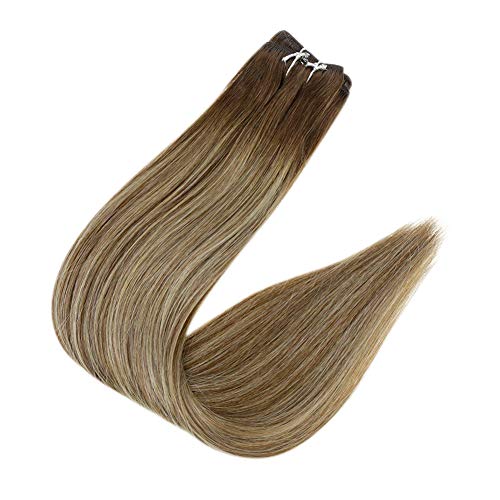 Image of Full Shine Weft Hair Extensions Human Hair 20 Inch 105G, Ombre Hair Weft, Invisible Sew In Hair Extensions, Medium Brown To Butter Blonde Mix Medium Brown, Thick Hair, Long Styling,Add Length