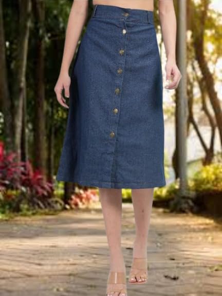 Image of Straight Stylish Comfortable Long Two Button Up Slit Dobby Denim Skirt for Women & Girls