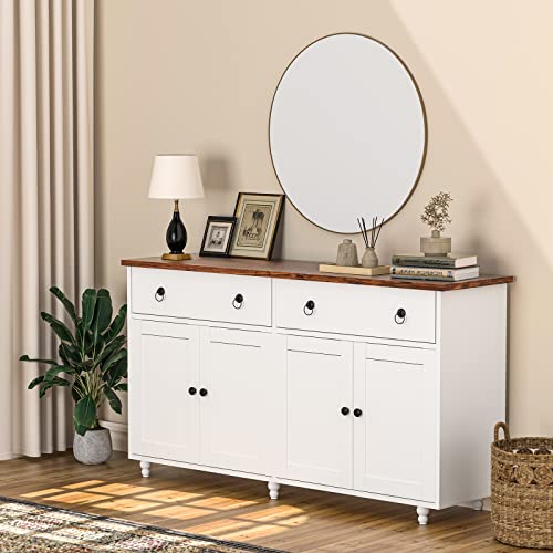 4 Ever Winner White Buffet Cabinet With Storage, 55" Modern Coffee Bar Cabinet With Storage Drawers, Kitchen Buffet Storage Cabinet Credenza Console Table Cupboard For Dining Living Room, White #TOP6