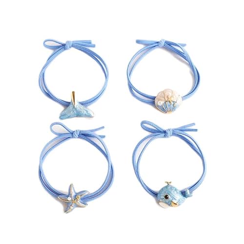 Summer Hair Tie Beach Ponytail Holder Shell Starfish Hair Rope Band Ocean Hair Rings Tie Bw19 (4 Pcs-Set) #TOP1