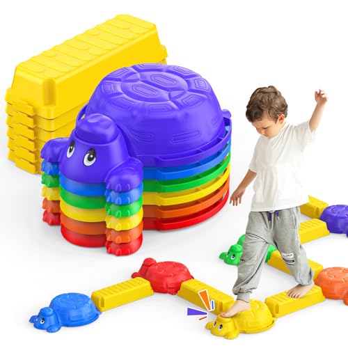 Image of Dufvrpe Stepping Stones and Balance Beam Set for Kids - 6 Turtle Shape Stepping Stones and 6 Connectable Beams with Sound Feature, Fun Balance Training and Obstacle Course (12Pcs Kit)
