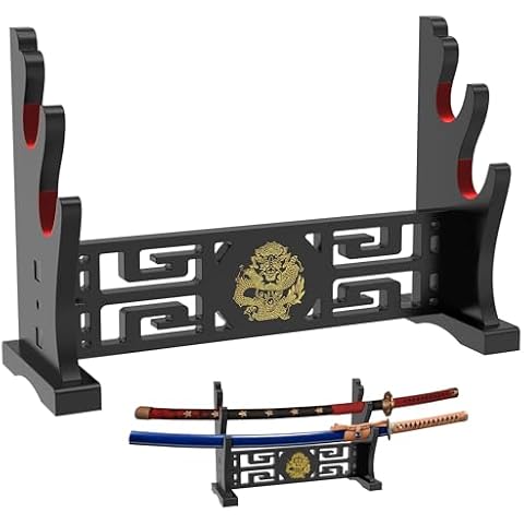 Alyoen Sword Stand, Katana Holder, Wood Katana Stand with Velvet Padded Hook & Dragon Pattern, 2-Tier Samurai Sword Holder Display Rack for Tanto Rapier Light Saber Wakizashi Cover