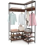Giantex Corner Coat Rack with Shoe Bench, L-shaped Garment Rack with 5 Shelves & 7 Hooks, Heavy Duty Freestanding Clothes Rack Entryway Bench with Shoes Organizer for Hallway (Walnut & Black)