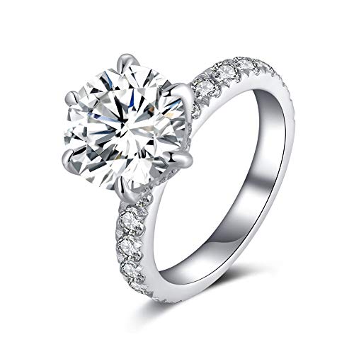 Erllo Round Cut 4 Carat Simulated Diamond Cubic Zirconia CZ Solitaire Ring for Women Sterling Silver Round Brilliant Cut Engagement Wedding Rings (6)