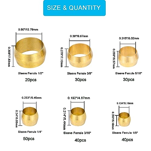 Breezliy 210Pcs Tube Od(1/8 Inch 3/16 Inch 1/4 Inch 5/16 Inch 3/8 Inch 1/2") Brass Compression Sleeves Ferrules,6 Sizes Brass Compression Fitting Assortment Kit thumb #4