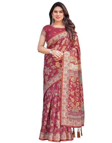 Image of SIRIL Women's Cotton Linen Printed Handloom Saree with Unstitched Blouse Piece