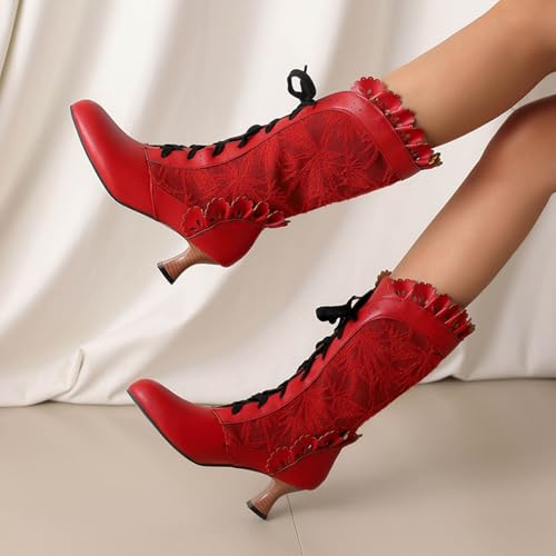 Victorian Boots for Women,Women's Bow Ruffles Goth Boots Costume Lace Up Retro Boot Halloween Witch Stuff Cuban Heel Mid Calf Vintage Shoes3