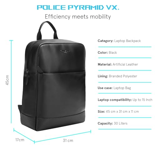 Image of Police 20 Ltrs Vegan Leather (Upto 15 inch) Black Laptop Backpack Water Resistant Sustainable Bags with Water Proof Zippers-Unisex