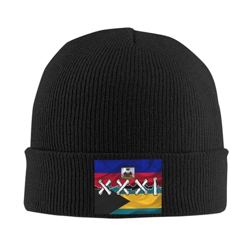 Haitian and Bahamas Bahamian Flag Wavy Combine Beanie Hat Knit Cuffed Hats for Women Men Beanies Hats Warm Skull Caps Outdoor Ski Hiking Winter Cap Unisex Gift Black