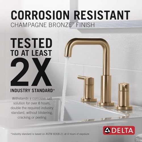 Image of Delta Nicoli Brushed Gold Faucet 3 Hole, 8 Inch Widespread Bathroom Sink Faucet for Vanity, Push-Pop Drain Assembly, Champagne Bronze 35849LF-CZ