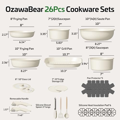 Image of 26 Pcs Pots and Pans Set Non Stick, Ceramic Cookware Set Non Toxic with Detachable Handles, Healthy Induction Cookware Oven Safe RV Kitchen Set, PFAS PFOA & PTFE Free, Cream White