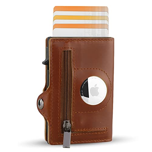 RFID Blocking Genuine Minimalist Leather Airtags Wallets for men and women With Zipper pocket with 10 Slot Credit Cards