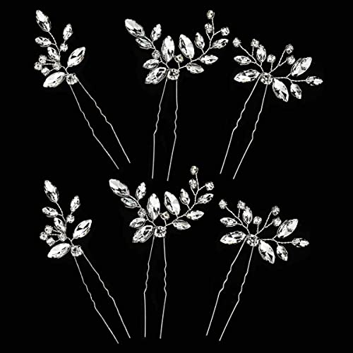 6 horquillas para el pelo de la novia con diseño de hojas plateadas, con diamantes de imitación, para damas de honor, novias, accesorios para el cabello para bodas, fiestas para mujeres y niñas