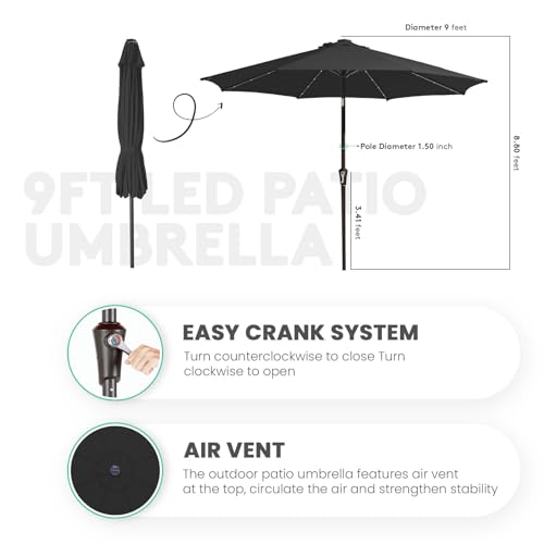 Image of JEAREY 9FT Outdoor Patio Umbrella with Solar Lights, LED Lighted Pool Umbrella with Tilt and Crank, Outdoor Table Umbrellas for Deck, Yard & Market (Jet Black)