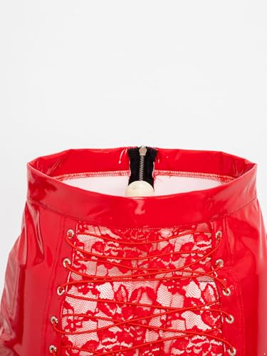 Mufeng Womens Wet Look Pu Bodycon Miniskirt Front Zipper Sheer Lace Patchwork Back for Club Party3