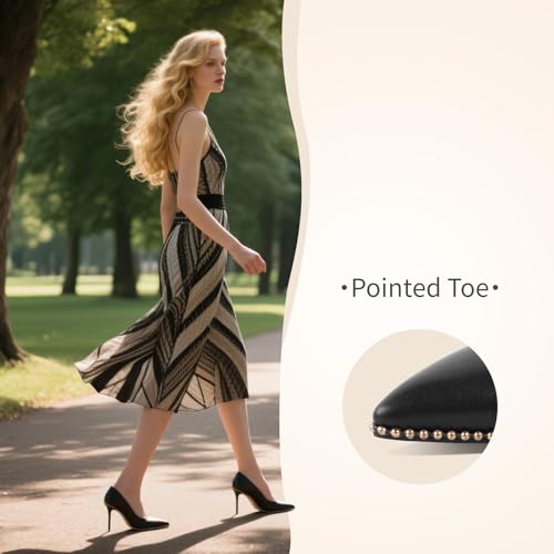 LingxiaUne Women’s Black Pointed - Toe Stiletto Heels – Elegant Gold Studs Decorated High Heel Dress Shoes for Office & Formal Occasions2