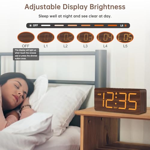 DreamSky Wooden Digital Alarm Clock for Bedroom - Desk Clock with Large Numbers for Living Room Office, Loud Alarm for Heavy Sleepers Adults, Volume Control, Dimmer, DST, Wood Decor (Adapter Powered) - Image 5