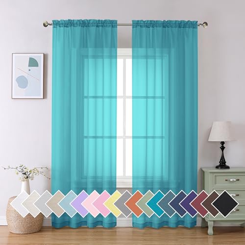 Aiyufeng Lot de 2 rideaux transparents turquoise de 228,6 cm de long, voilages doux et aérés avec passe-tringle pour chambre à coucher, salon, 106 x 228 cm...
