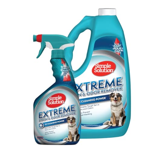 Simple Solution Extreme Pet Stain and Odor Eliminator Enzyme Dog Urine Odor Neutralizer Pet Carpet Stain Remover Strong Pet Spray for Pee Cleaner Spot Treatment Rug Deodorizer 1 Gallon + 32 oz