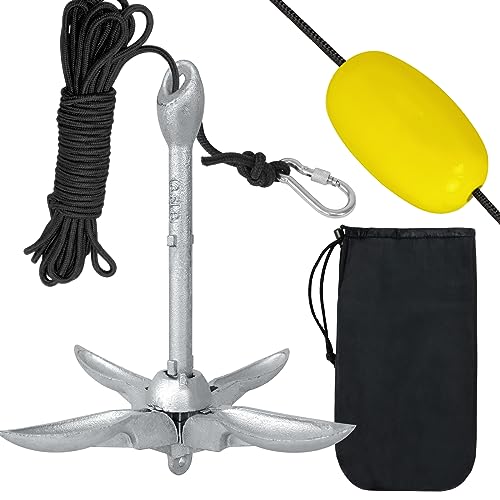UISEBRT Bootsanker Verzinkt Anker Klappanker Faltklappanker 1 5KG Ankerset mit Karabiner 10 Meter Ankerleine Ankerboje und Transportbeutel Faltanker für Boot SUP Kajak Schlauchboot