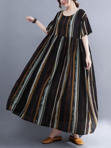 Image of Women's Boho Plus Size Dress Summer Casual Baggy Dress Striped
