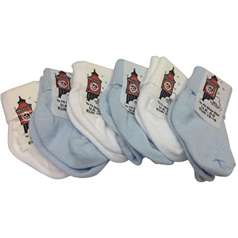 Baby Boy. 6 pairs of soft cotton ankle socks with single turn over top. UK made using the finest combed cotton. Great for any occasion. (UK shoe 0-00 Premature Doll, Blue/White) Cover