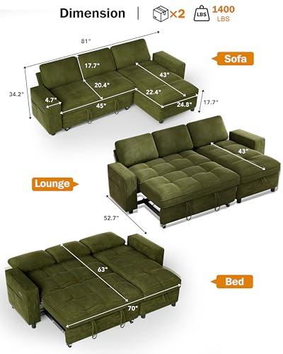Image of Vipbear 81 inch Sectional Sleeper Sofa Bed with Pull Out Bed, L Shaped Couch Sleeper Sofa, Pull Out Couch with Reclining Backrest, Reversible Storage Chaise, USB Ports, Tool-Free Assembly, Green, Chenille