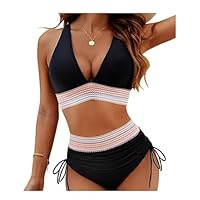 Women's High Waisted Bikini Set Deep V Neck Swimwear Backless Two Piece Swimwear Set Surfing Tummy Control Beach Holiday Bathing Suit,#01-Black,XL