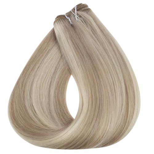 Image of Full Shine Sew In Hair Extensions Real Human Hair 12 Inch 80G Ash Blonde | Invisible Weft Extensions, Soft Straight Hair, color Ash Blonde Highlight Bleach blonde, Short Daily Wear, Women Looks