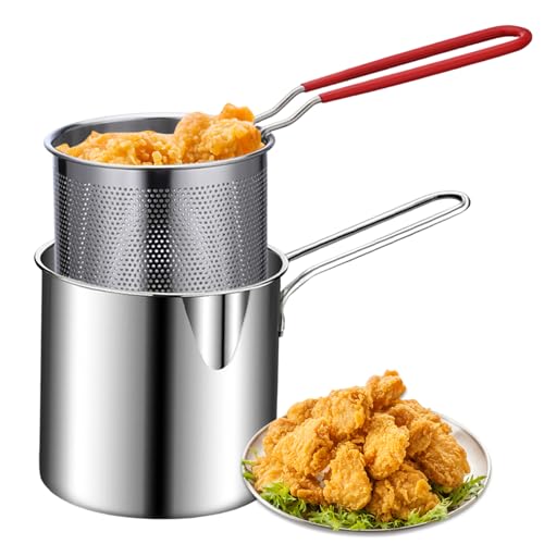 Olla de freidora profunda con canasta 2 piezas/set 1.2l manipulado con manzana de acero inoxidable espejo sin recubrimiento ollas de freír cepilladas para papas fritas de pescado freidora de pescado