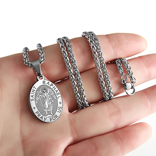 P. BLAKE Oval Saint Christopher/Michael/Joseph/Jude/Virgin Mary/Joseph/Francis/Patrick/Anthony/Benedict/Thomas Necklace for Men Women, Stainless Steel Catholic Patron Pendant with Chain 24 Inches