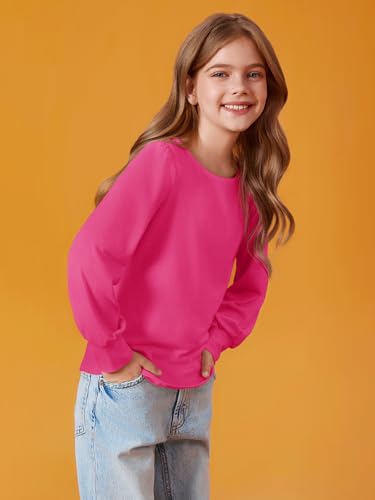 Image of Haloumoning Girls Puff Long Sleeve Shirts Fall Tops 5-14Y | Casual,Solid Color,Crewneck, Soft, Tunic Tops Blouse,Kids Long Sleeve T Shirt,,Fashion Clothes