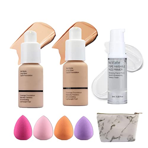 2 Pack Foundation Full Coverage Liquid Foundation, Foundation Primer, 4 Makeup Sponge, Cosmetic Bag, 24HR Matte Oil Control Concealer Foundation (Nude #102+Buff Beige #104)